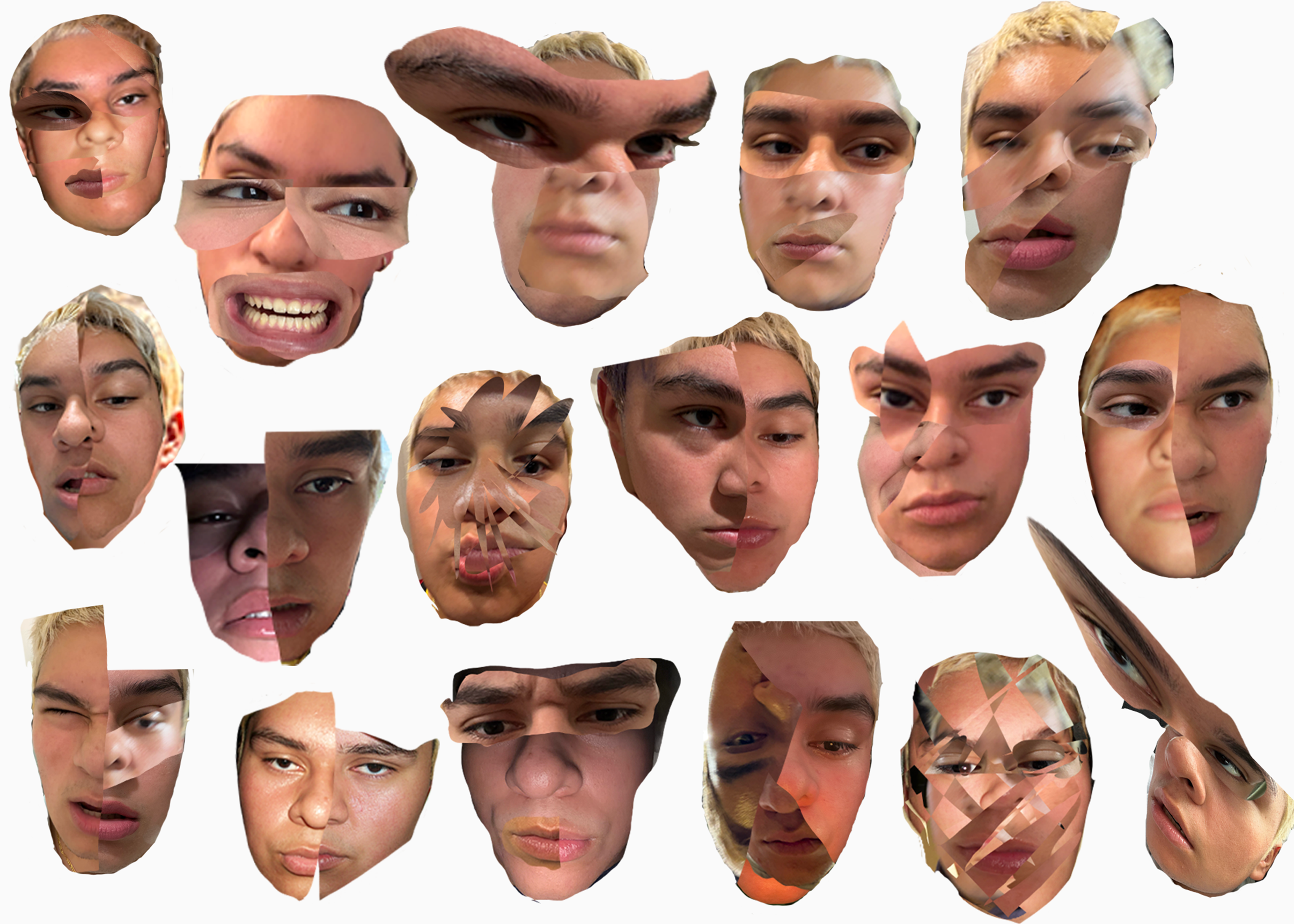 Multiple Personality Order, a digital collage of fragmented faces arranged on a white field.